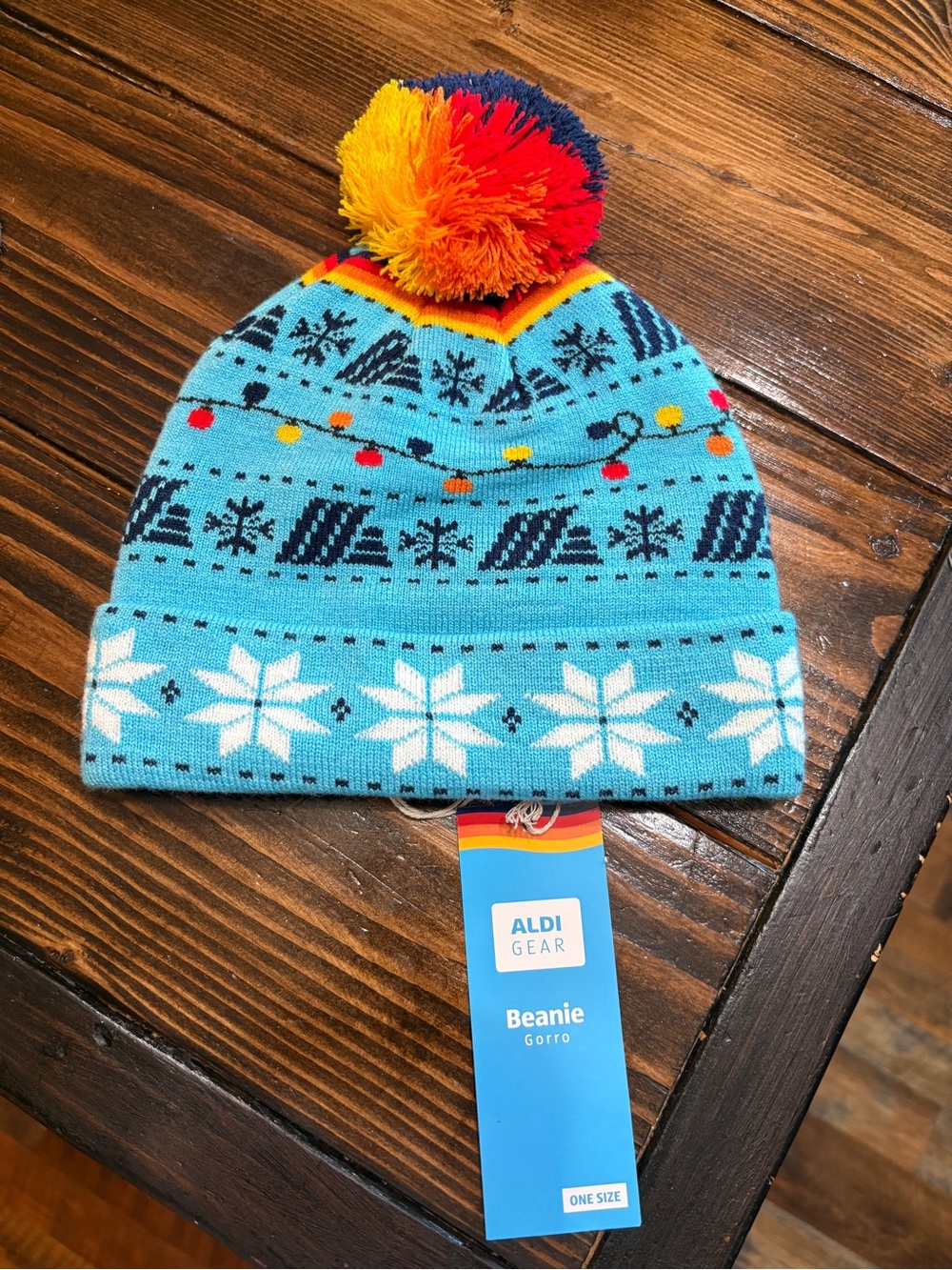 ALDI GEAR Adult/Kids Light Blue Pom-Pom Beanie with Snowflake Pattern